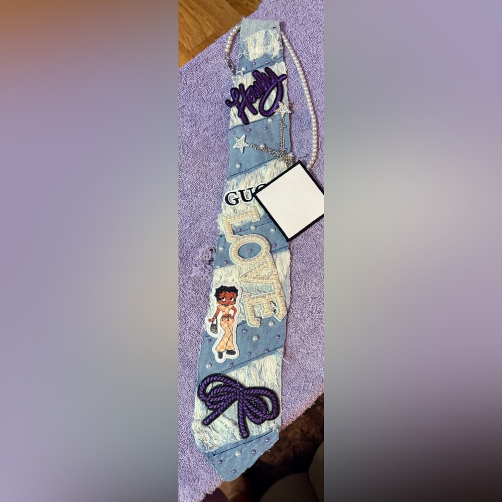 GG inspired Denim Patch with Pearl 'LOVE' and Cartoon Design hand made